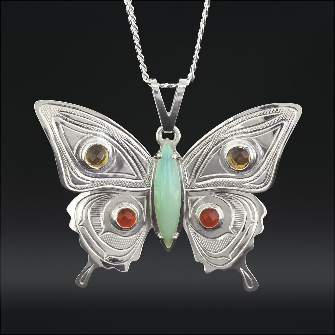 All Our Relations (Butterfly) - Silver Pendant with Citrine, Carnelian, and Chalcedony