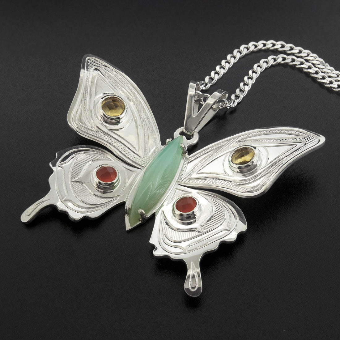 All Our Relations (Butterfly) - Silver Pendant with Citrine, Carnelian, and Chalcedony