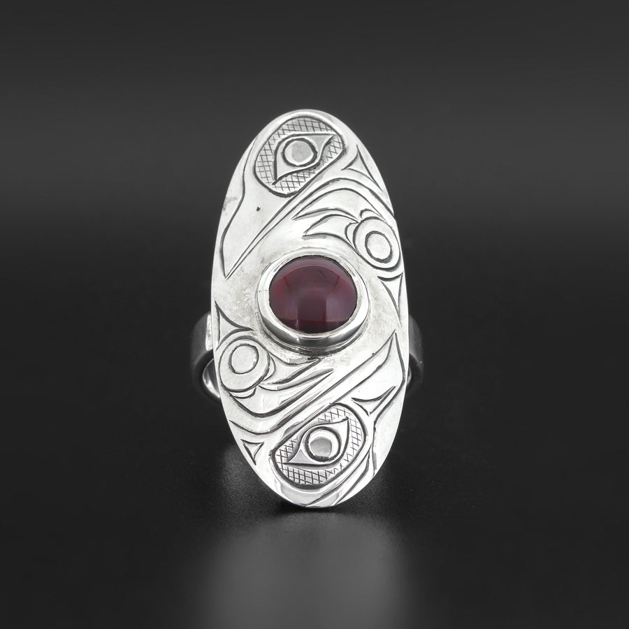 Crow and Raven - Silver Ring with Garnet