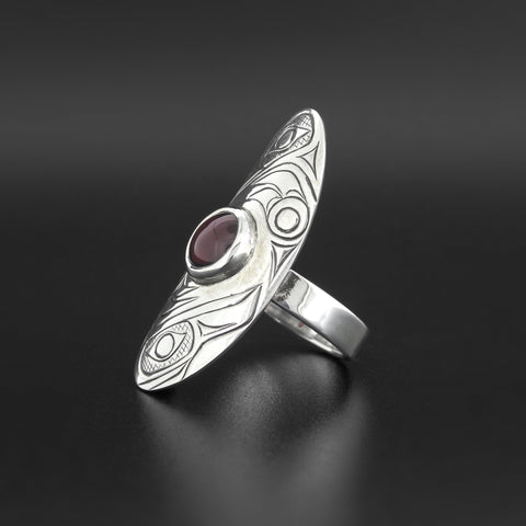 Crow and Raven - Silver Ring with Garnet