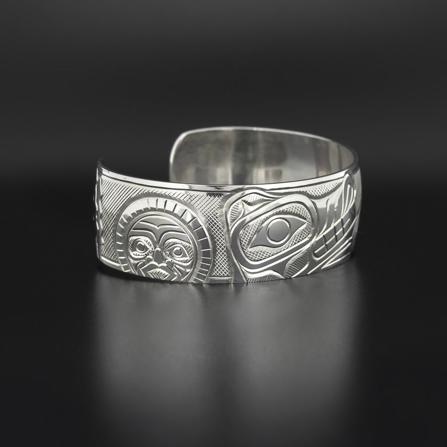 Wolf with Sun and Moon - Silver Bracelet