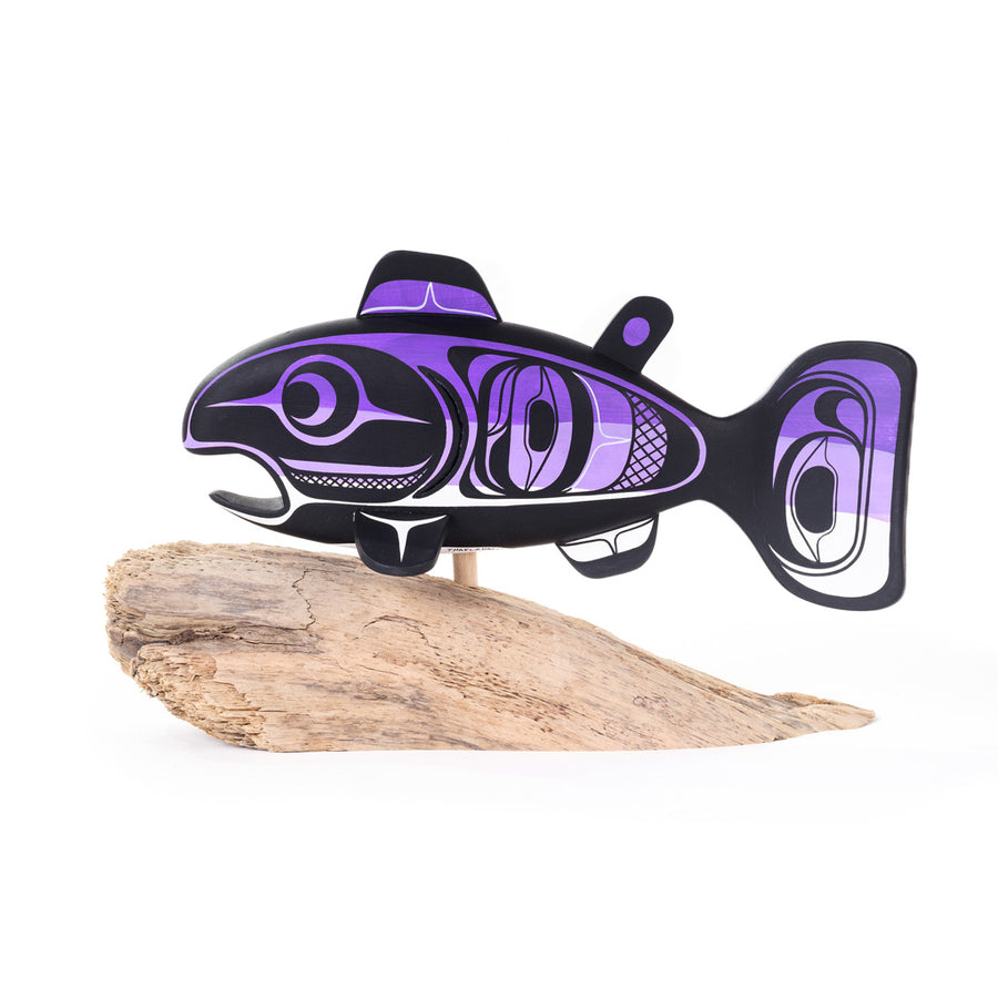 Salmon - Basswood Sculpture on Driftwood
