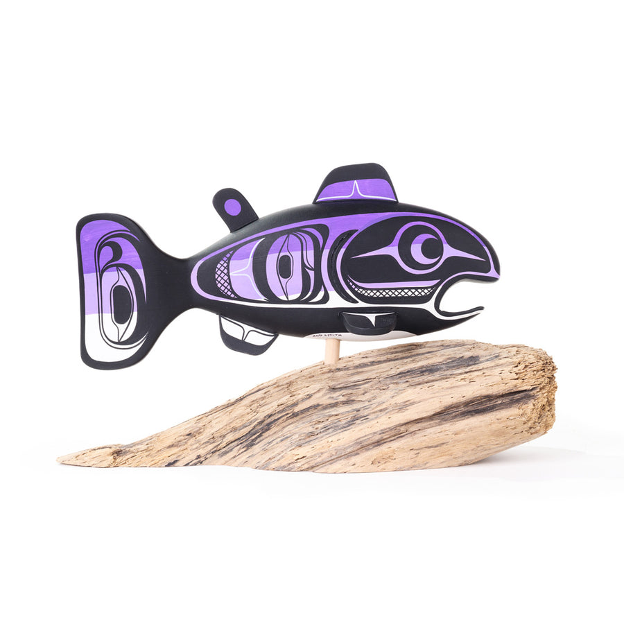 Salmon - Basswood Sculpture on Driftwood