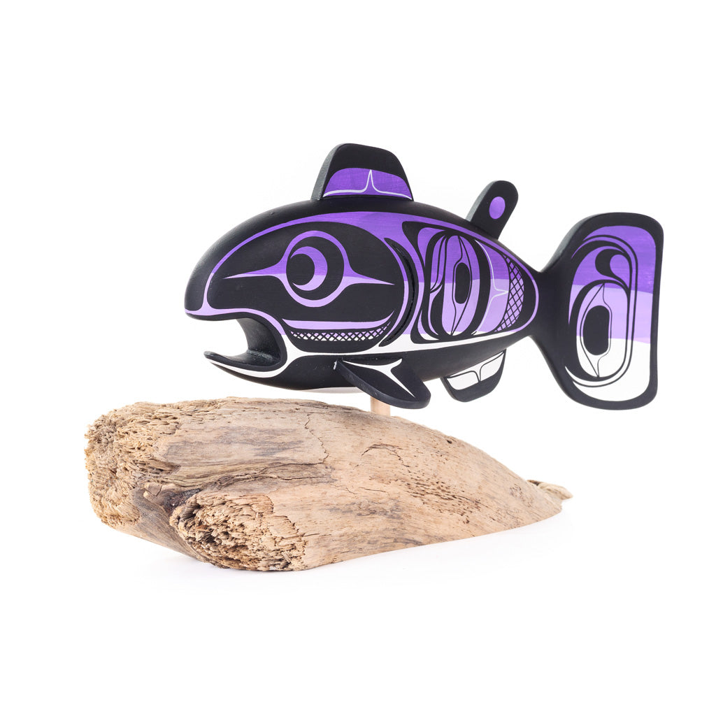 Salmon - Basswood Sculpture on Driftwood
