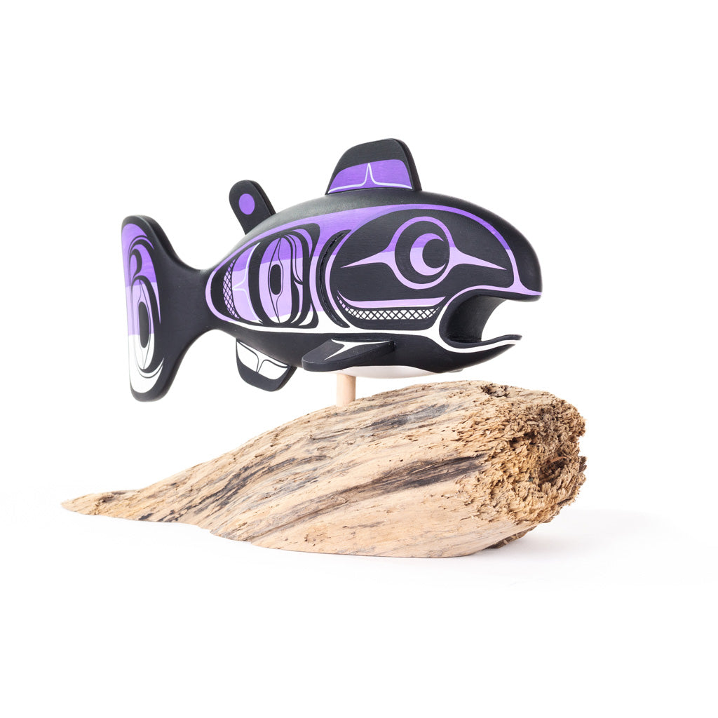Salmon - Basswood Sculpture on Driftwood