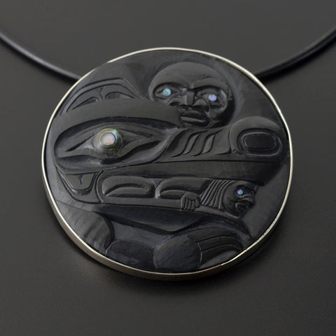 Wolf and Moon - Argillite Pendant with Abalone