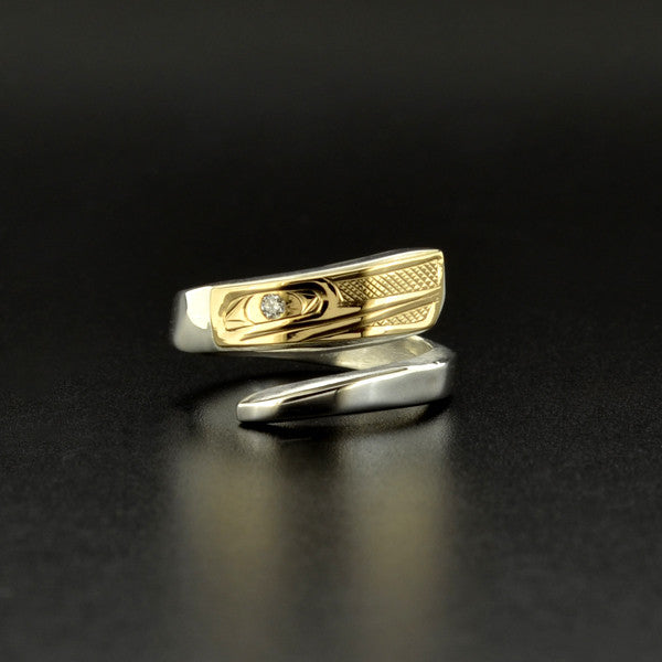 Hummingbird - Silver Wrap Ring with 14k Gold and Diamond