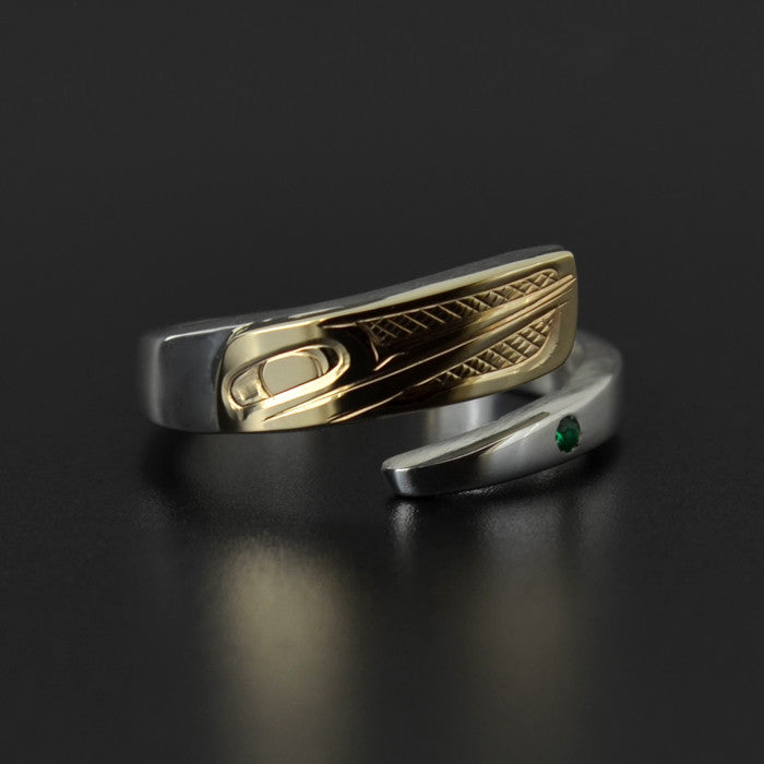 Hummingbird - Silver Wrap Ring with 14k Gold and Emerald