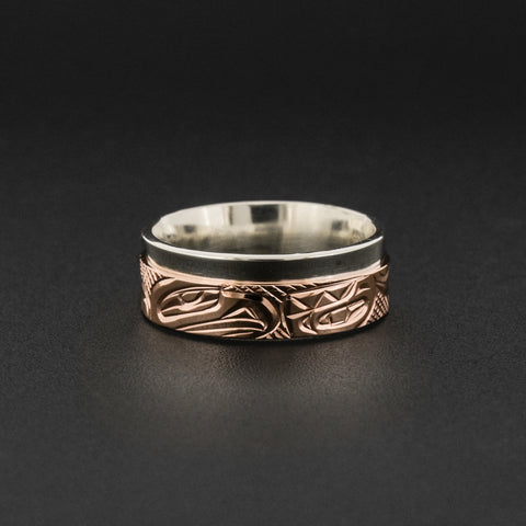 Eagle and Killerwhale - Silver Ring with 14k Rose Gold