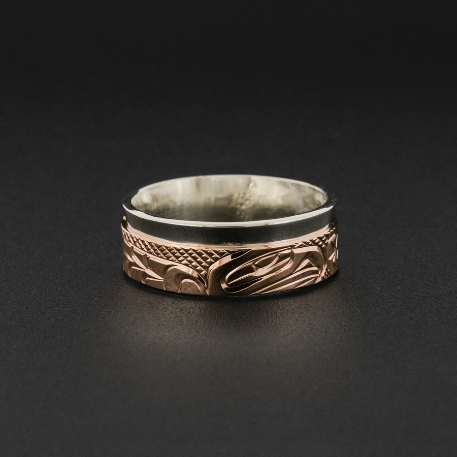 Eagle and Killerwhale - Silver Ring with 14k Rose Gold