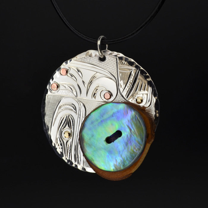 Transformation of Materials - Silver Pendant with 14k Gold, Copper, Abalone, Wood