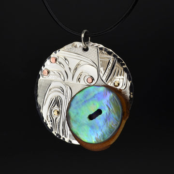 Transformation of Materials - Silver Pendant with 14k Gold, Copper, Abalone, Wood