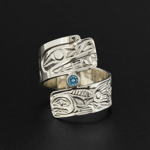 Bear and Salmon - Silver Ring with Blue Topaz