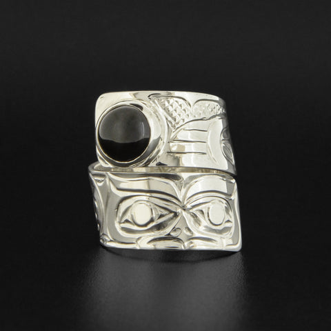 Owl - Silver Wrap Ring with Onyx