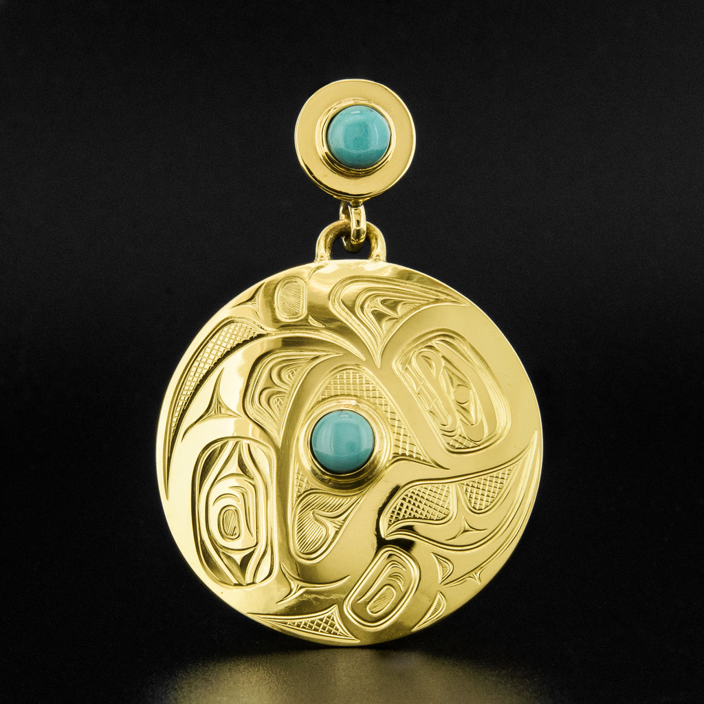 Raven Releasing the Sun - 18k Gold Pendant with Turquoise