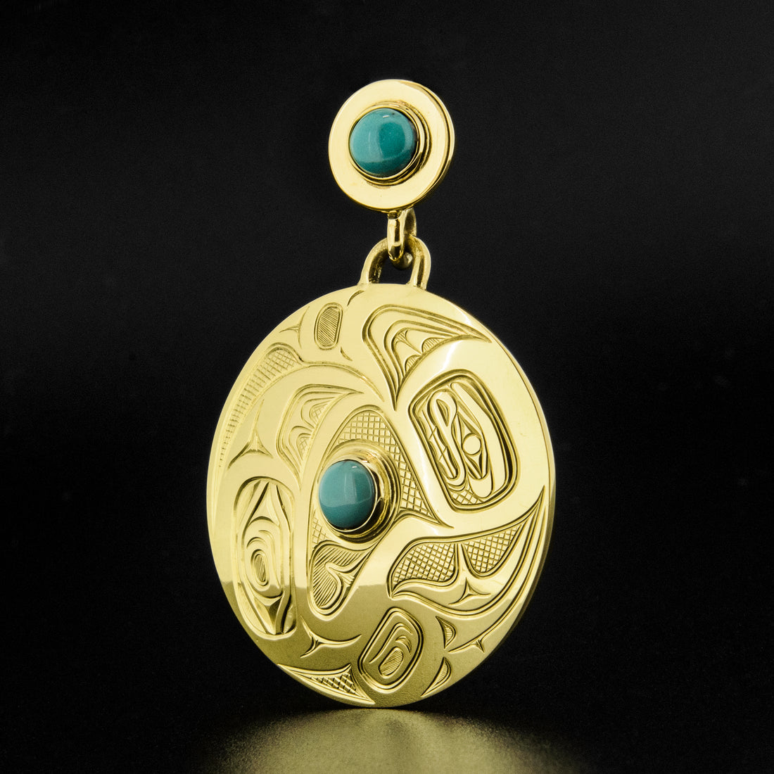 Raven Releasing the Sun - 18k Gold Pendant with Turquoise
