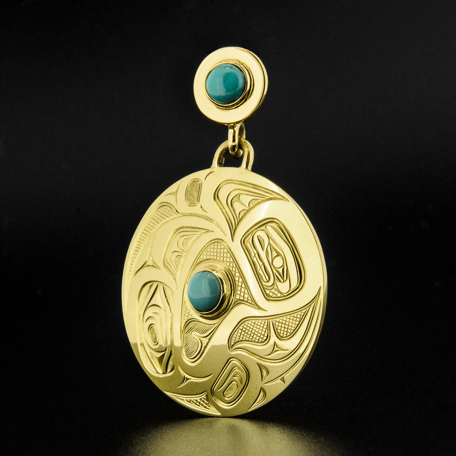 Raven Releasing the Sun - 18k Gold Pendant with Turquoise