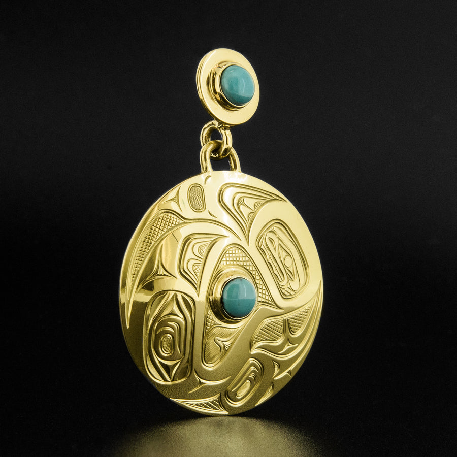 Raven Releasing the Sun - 18k Gold Pendant with Turquoise