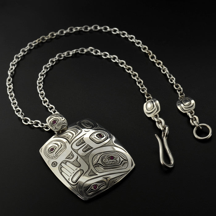 Hummingbird into Bear - Silver Necklace with Rubies