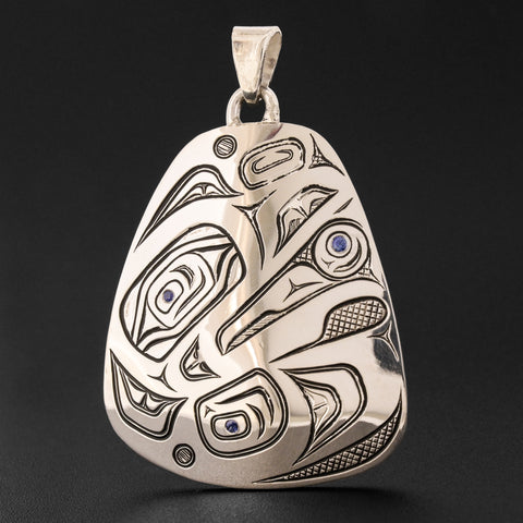 Raven Eatting a Hummingbird Egg - Silver Pendant with Sapphire