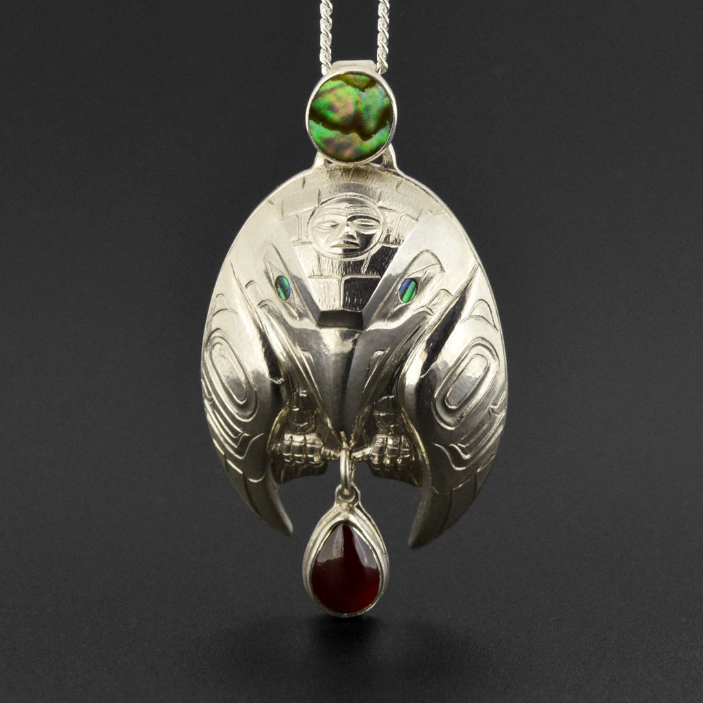 Raven - Silver Pendant with Abalone and Garnet