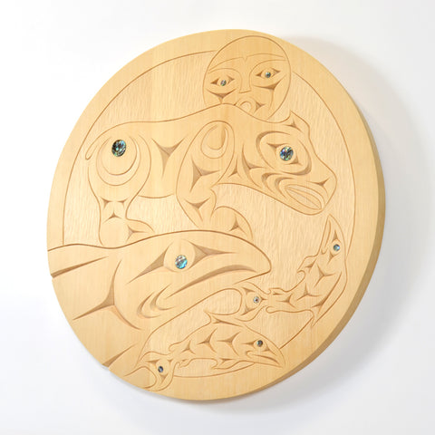 Bear Welcomes Salmon Home - Yellow Cedar Panel with Abalone