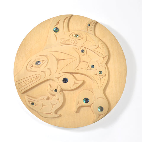 Killerwhale in Search of Salmon - Yellow Cedar Panel with Abalone