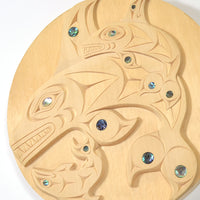 Killerwhale in Search of Salmon - Yellow Cedar Panel with Abalone