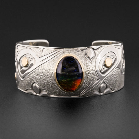 Hummingbirds - Silver Bracelet with 14k Gold and Ammolite