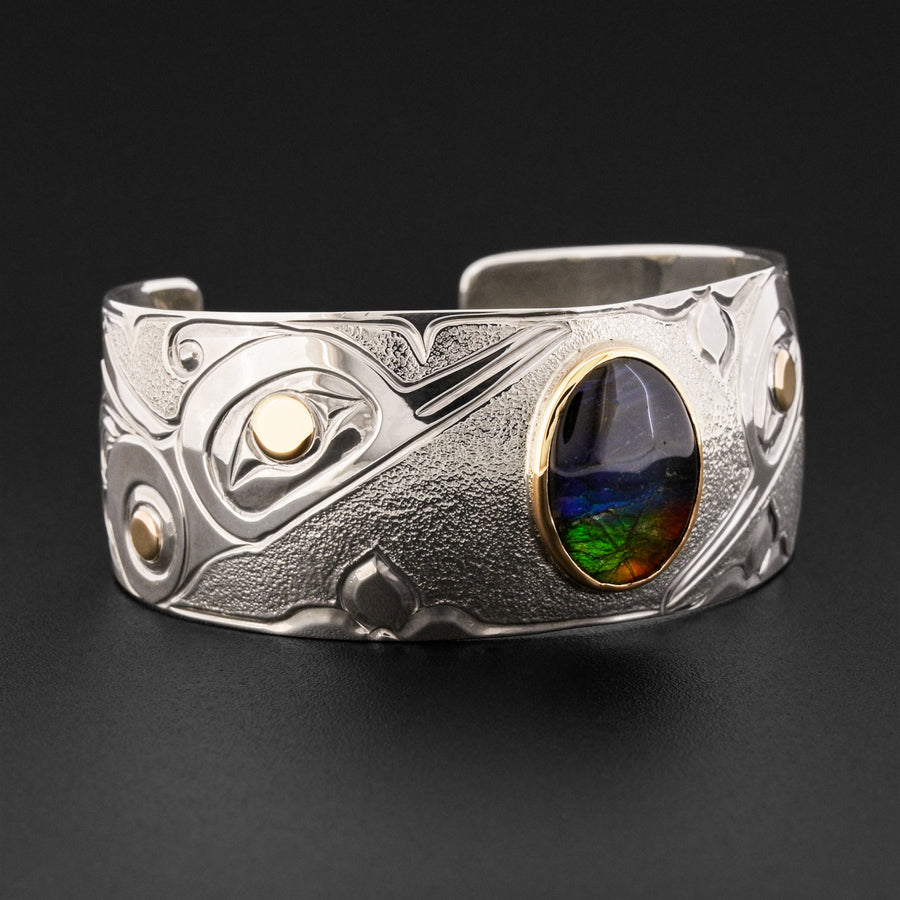 Hummingbirds - Silver Bracelet with 14k Gold and Ammolite