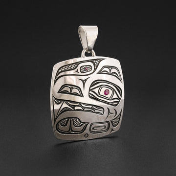 Hummingbird and Wolf Transformation - Silver Pendant with Ruby