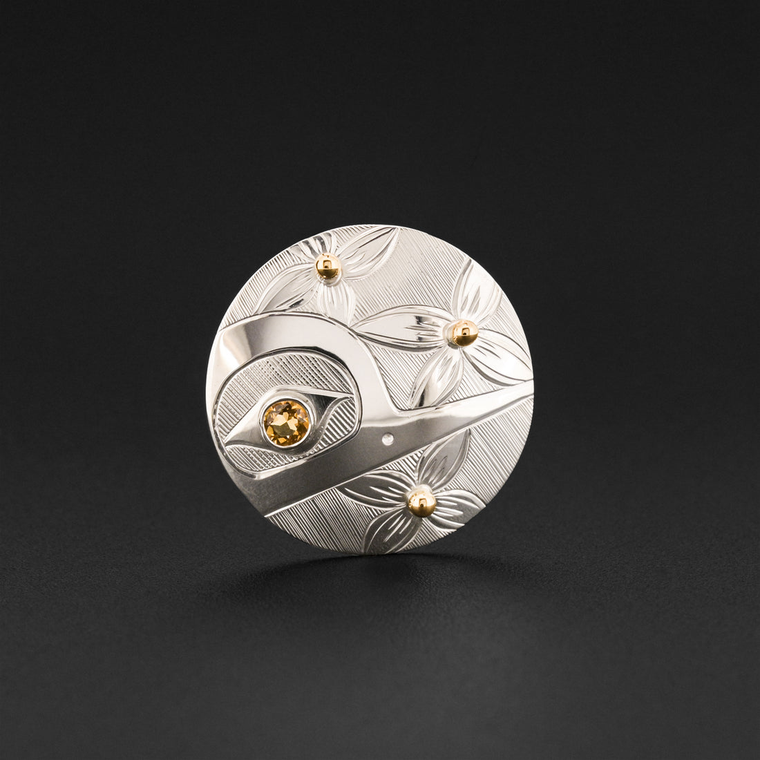 Hummingbird and Flowers - Silver Pendant with Citrine and 14k Gold