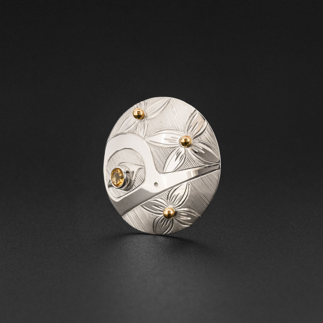 Hummingbird and Flowers - Silver Pendant with Citrine and 14k Gold