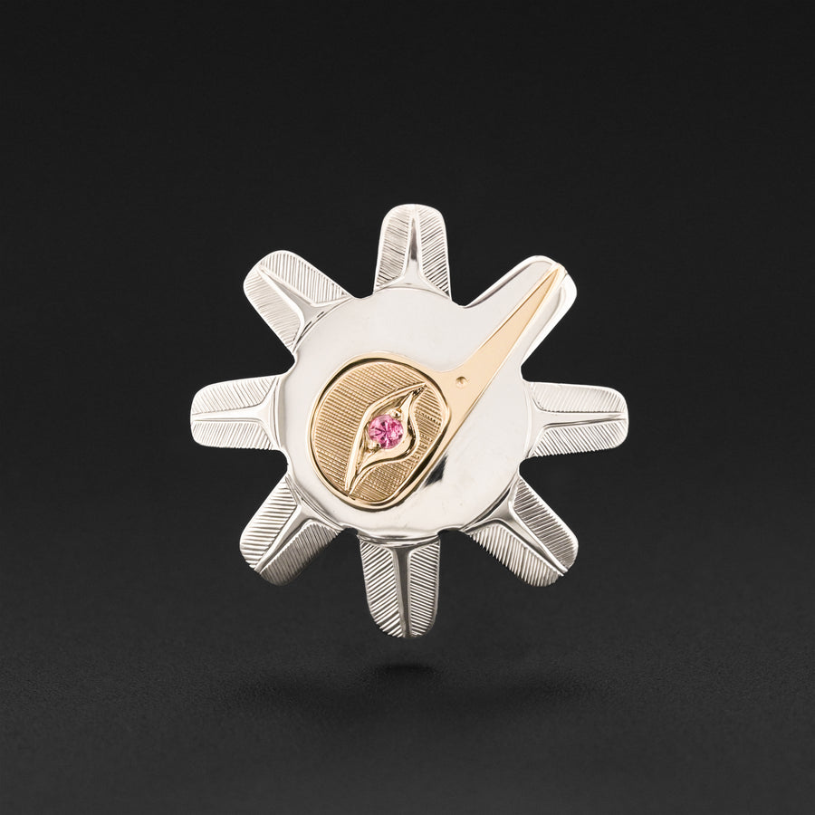 Hummingbird Sun - Silver Pendant with 14k Gold and Pink Tourmaline