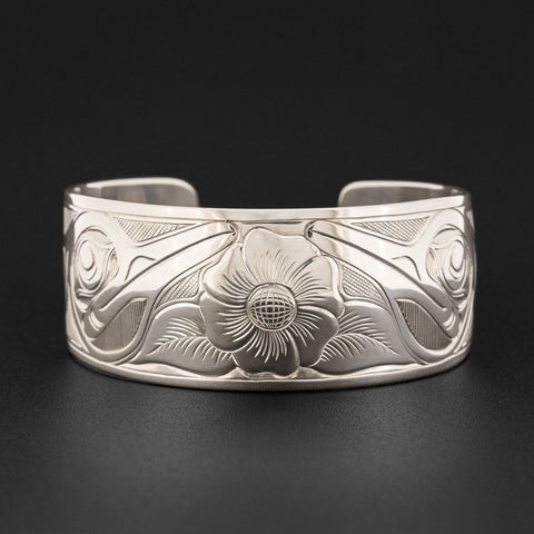 Two Hummingbirds with Flower - Silver Bracelet