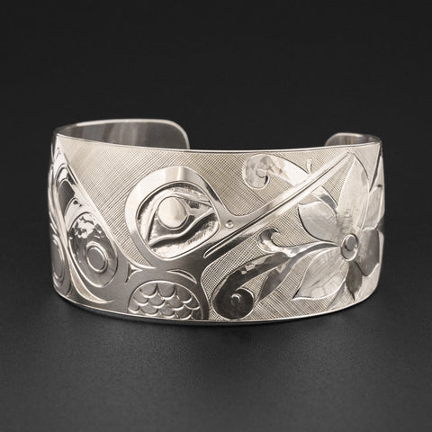 Hummingbird and Flowers - Silver Bracelet