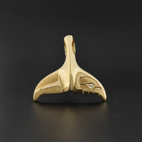 Whale Tail - 14k Yellow Gold Pendant with Diamond