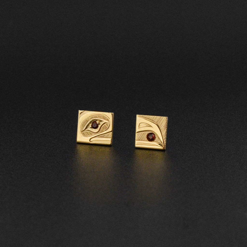 Raven and Light - 14k Gold Stud Earrings with Garnet