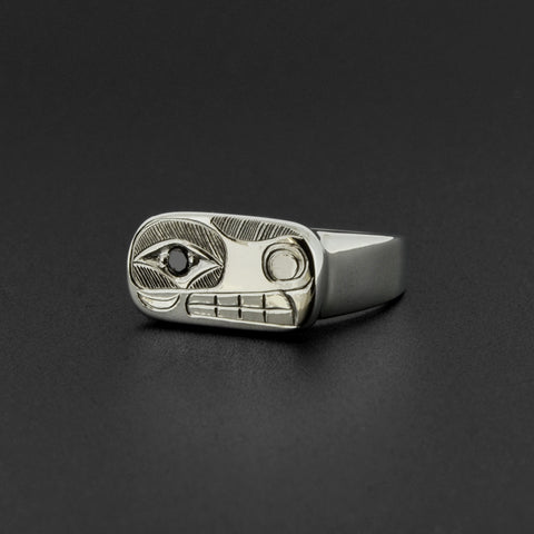 Wolf - Silver Ring with Black Diamond