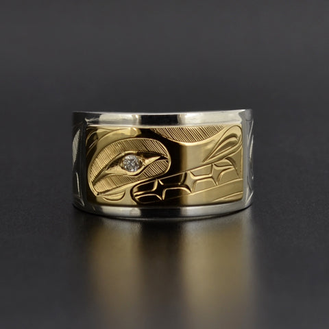 Wolf - Silver Ring with 14k Gold and Diamond