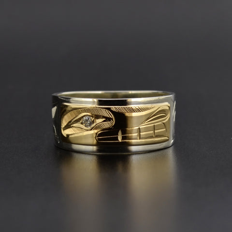 Wolf - Silver Ring with 14k Gold and Diamond