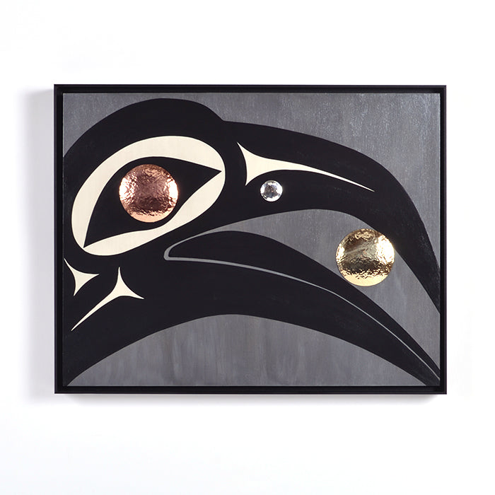 Raven and the Light - Acrylic on Wood Panel with Mixed Metals