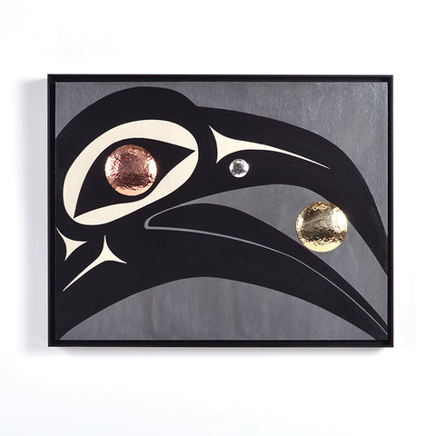 Raven and the Light - Acrylic on Wood Panel with Mixed Metals