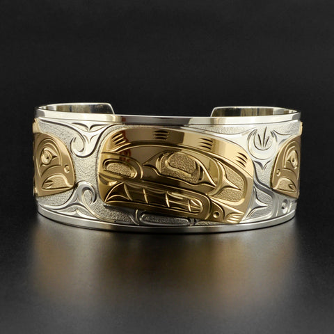 Killerwhale and Salmon - Silver Bracelet with 14k Gold