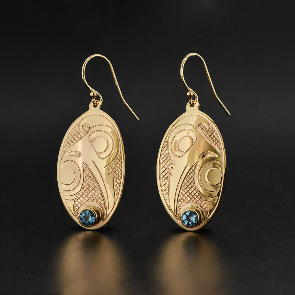 Hummingbird - 14k Gold Earrings with Blue Topaz