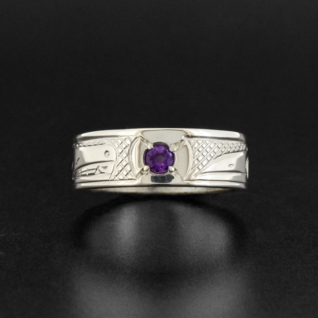 Wolf and Raven - Silver Ring with Amethyst