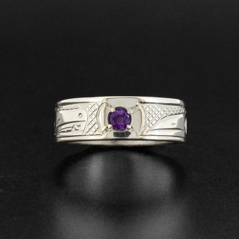 Wolf and Raven - Silver Ring with Amethyst