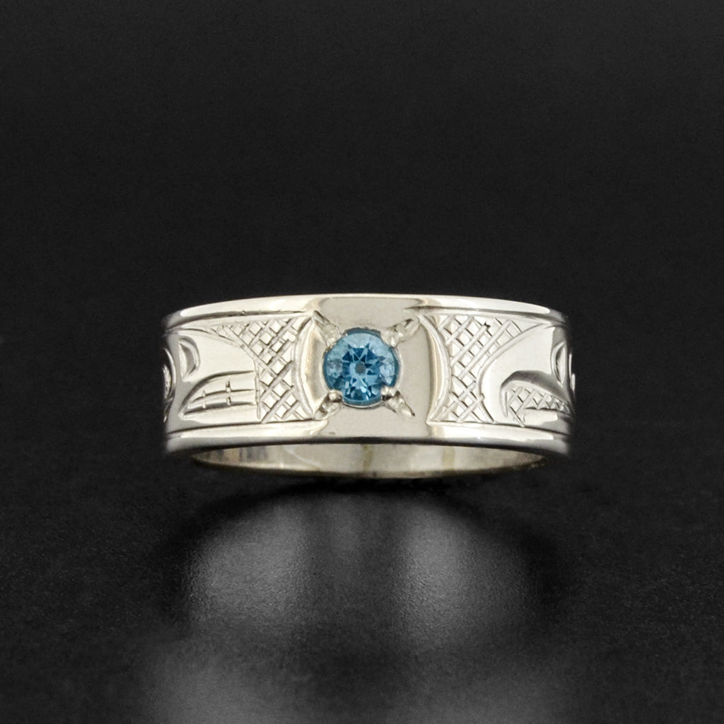 Killerwhale and Eagle - Silver Ring with Topaz
