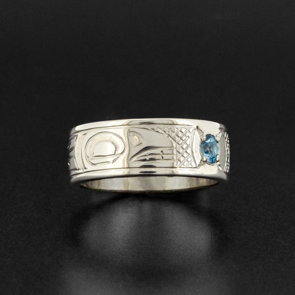 Killerwhale and Eagle - Silver Ring with Topaz