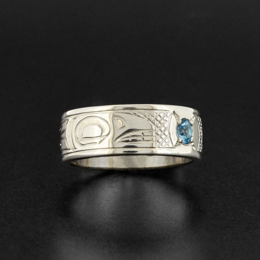 Killerwhale and Eagle - Silver Ring with Topaz